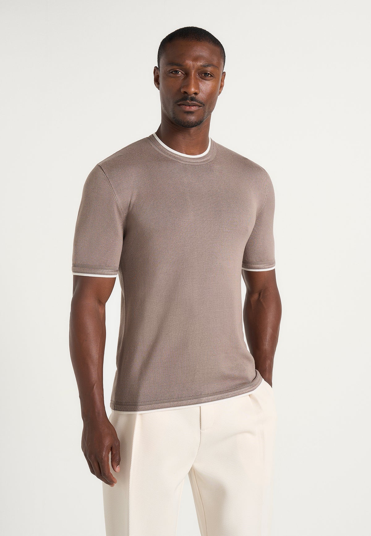Wyatt - Contrast Knit T-Shirt - Mushroom
