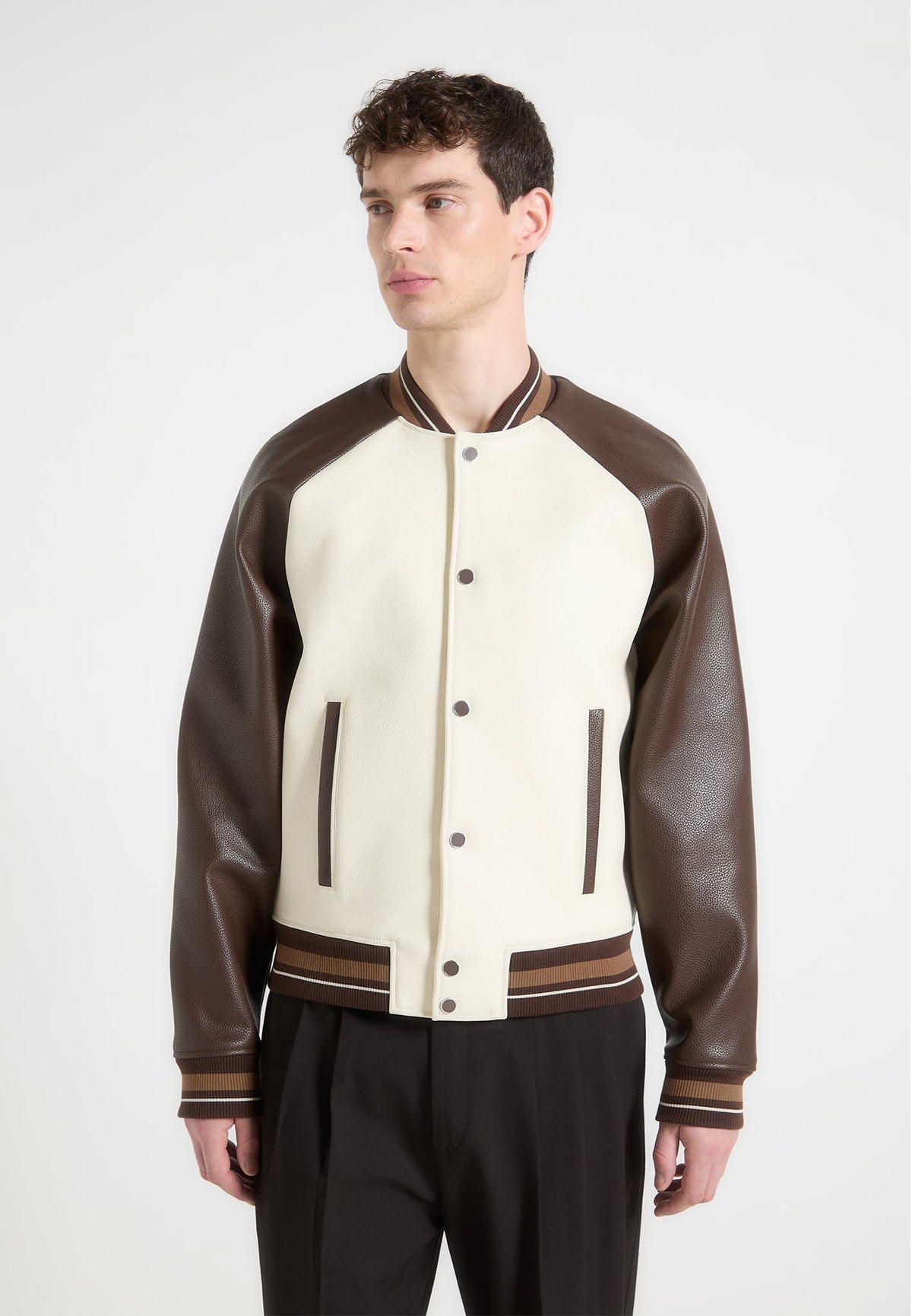 Guy - Contrast Leather Bomber Jacket - Cream/Brown
