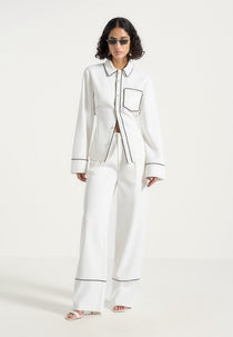 Mina - Contrast Piped Pleated Pants - White/Black
