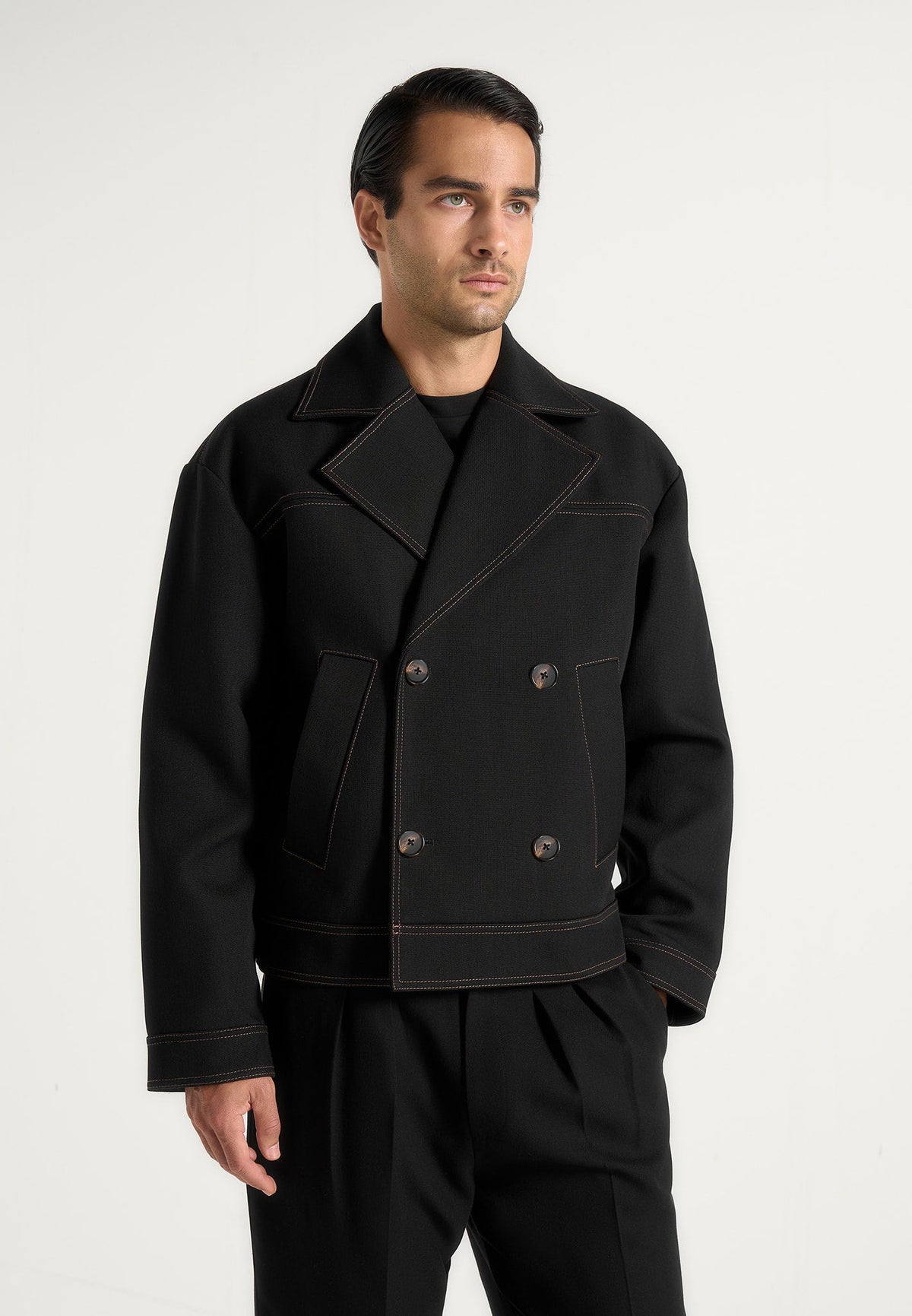 Mika - Unisex Tailored Double Breasted Wool-Blend Jacket With Contrast Stitch - Black