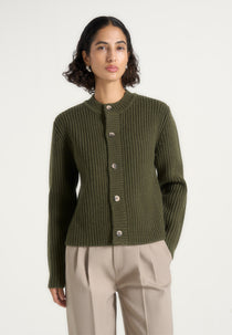 Alix - Unisex Crewneck Ribbed Knit Cardigan - Olive