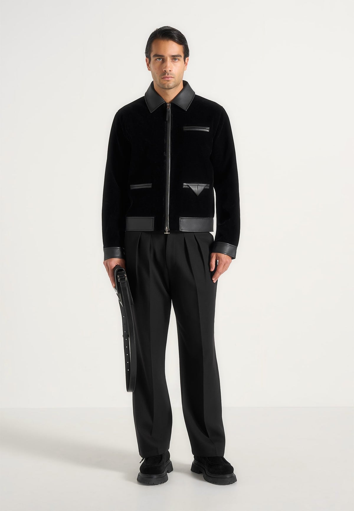 Tony - Velvet & Leather Contrast Jacket - Black