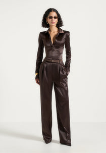 Julie - Satin Tailored Twin Pleat Pants - Brown