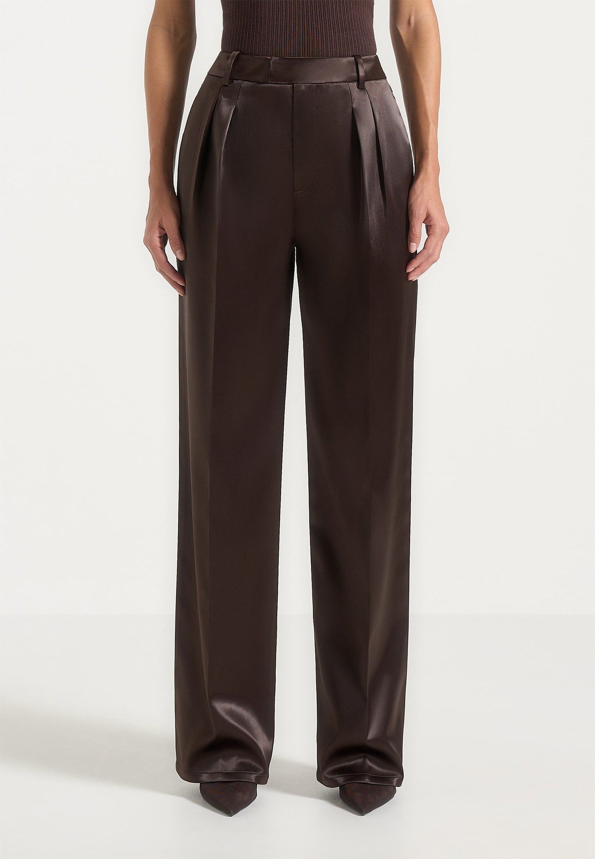 Julie - Satin Tailored Twin Pleat Pants - Brown