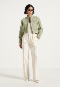 Monique - Suede Wide Shoulder Bomber Jacket - Sage