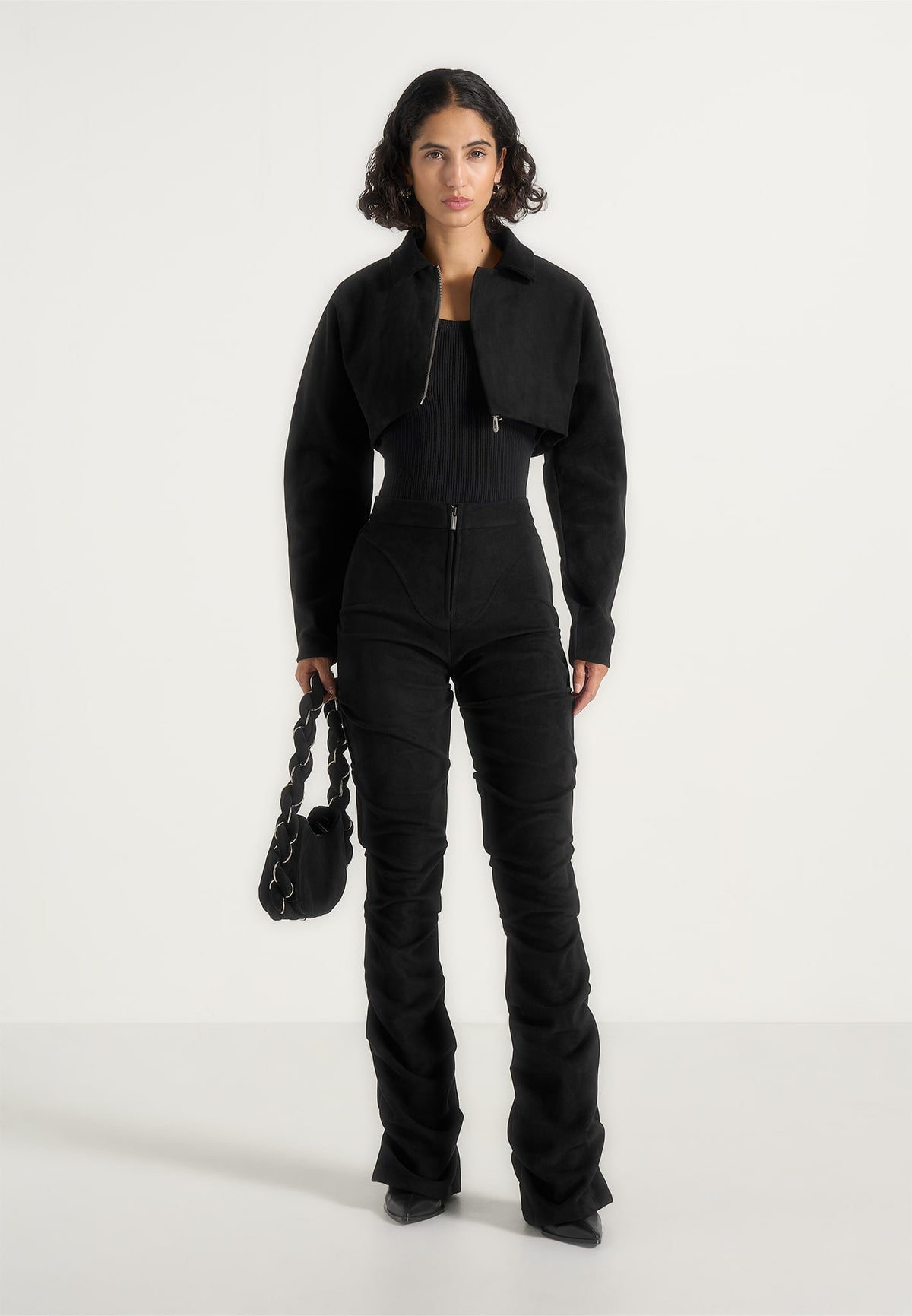 Caroline - Tacked Suede Fit & Flare Pants - Black
