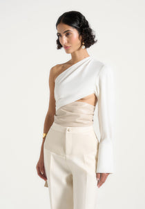 Coralie - One Sleeve Leather Wrap Top - White