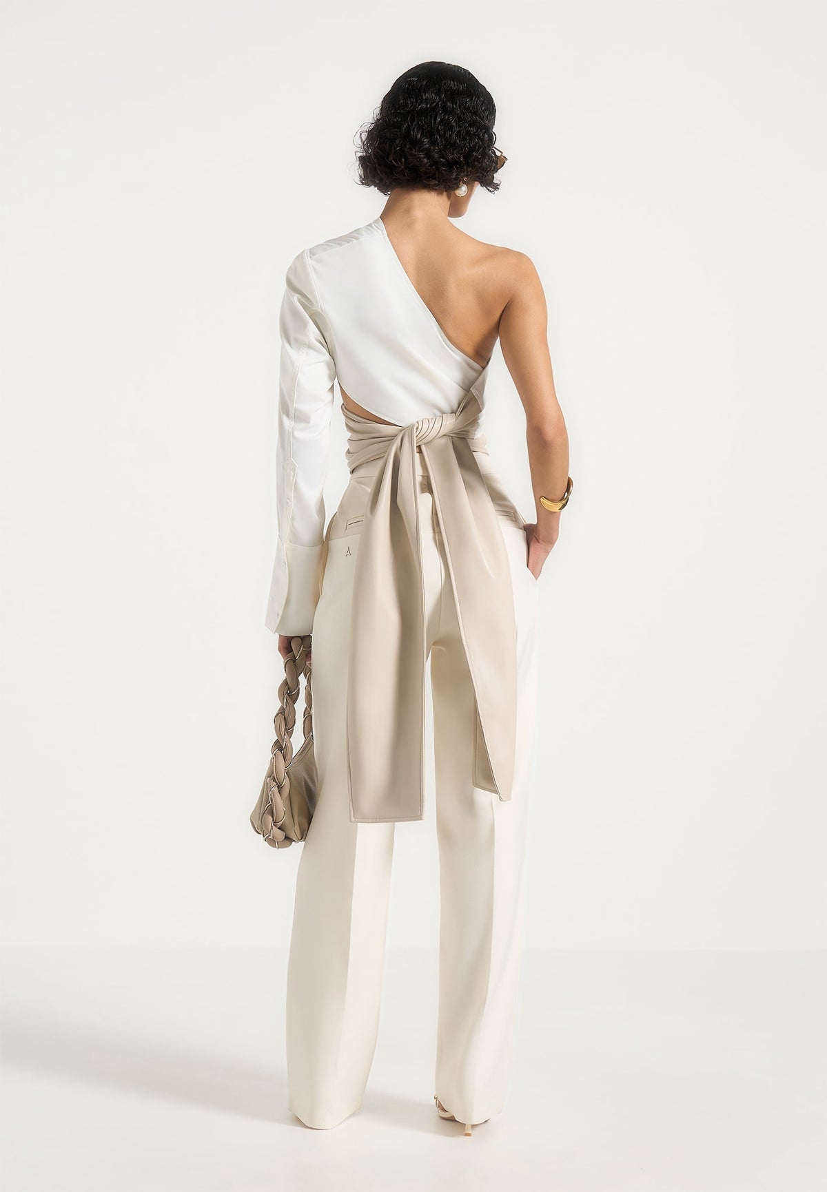 Coralie - One Sleeve Leather Wrap Top - White
