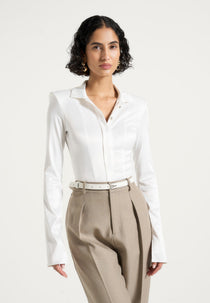 Louise - Wide Shoulder Satin Shirt Bodysuit - White