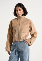 nawel-suede-contrast-stitch-jacket-with-cinched-hem-beige