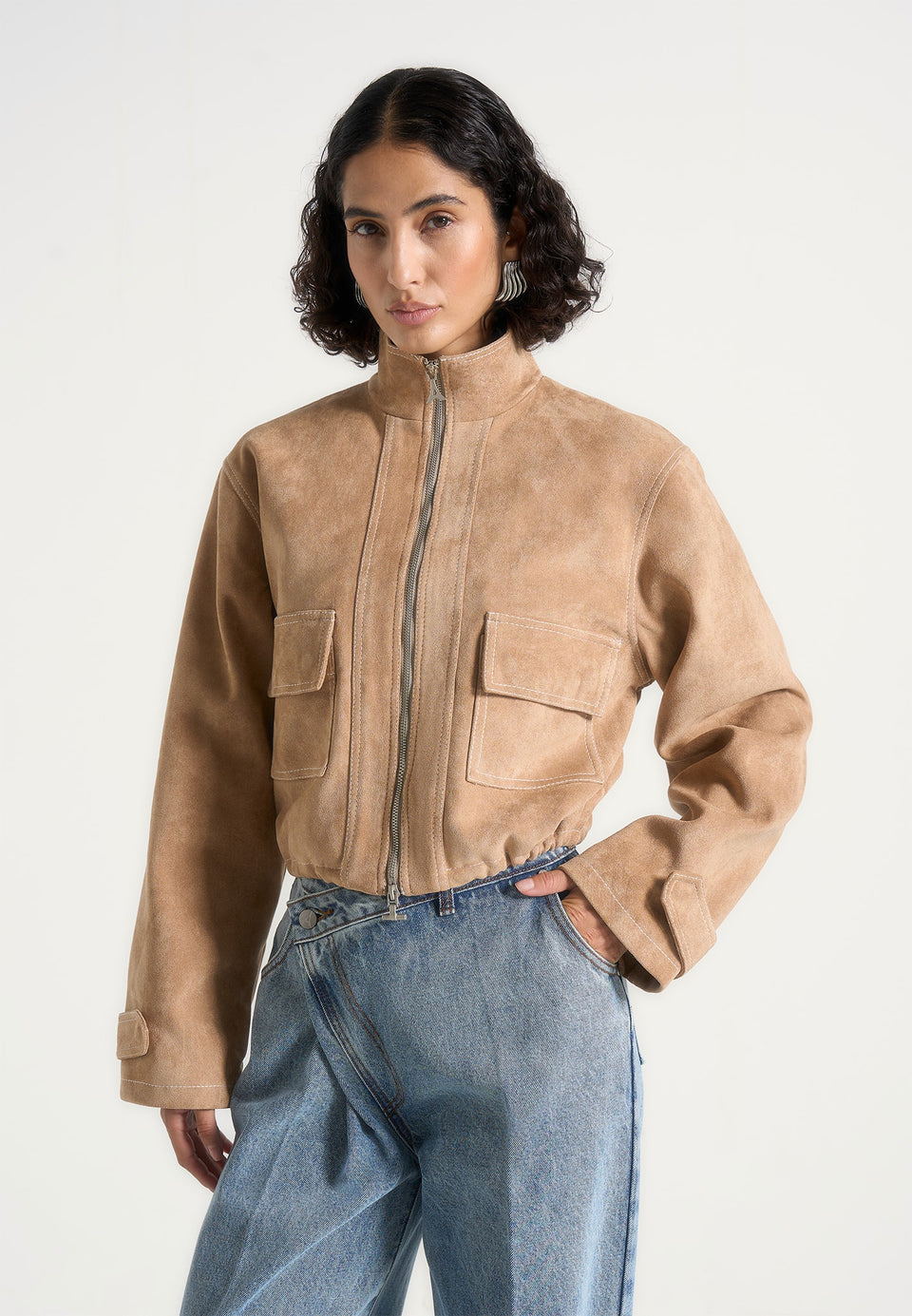 nawel-suede-contrast-stitch-jacket-with-cinched-hem-beige