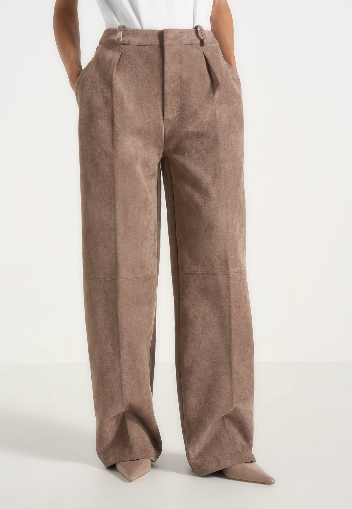 Solene - Suede Wide Leg Pleated Pants - Taupe