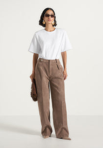 Solene - Suede Wide Leg Pleated Pants - Taupe