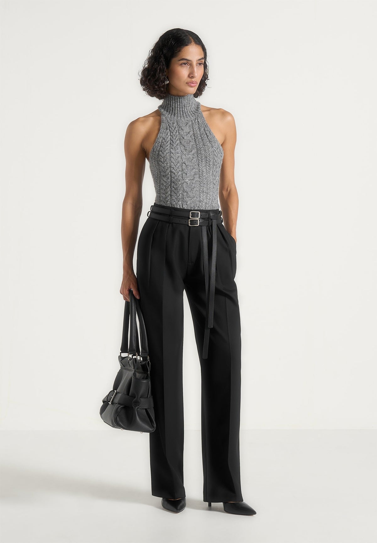 Pascale - Tailored Twin Belt Pants - Black
