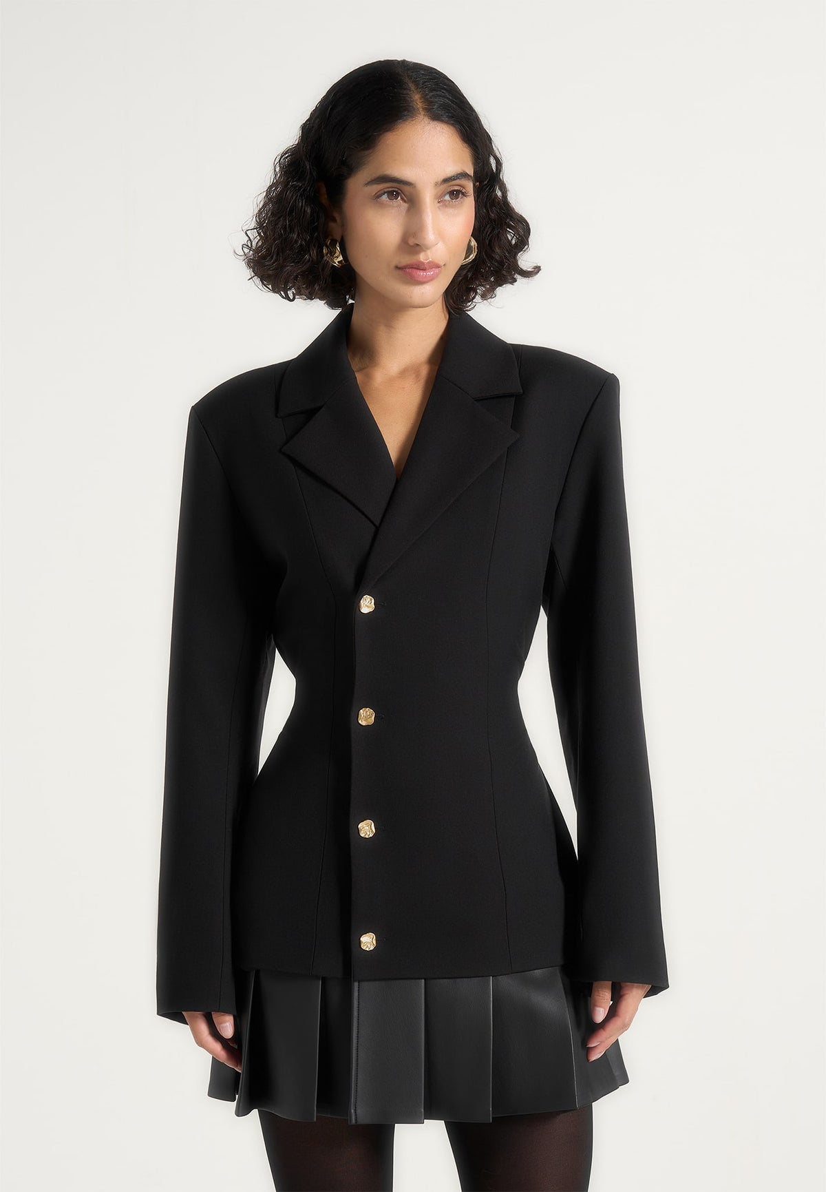 Nicole - Tailored Cinch Wool-Blend Blazer Dress with Pleats - Black