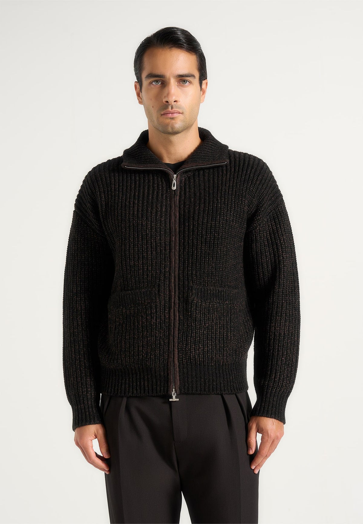 Jamie - Unisex Speckled Wool-Blend Zip Through Jacket - Black