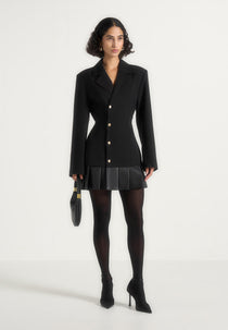 Nicole - Tailored Cinch Wool-Blend Blazer Dress with Pleats - Black