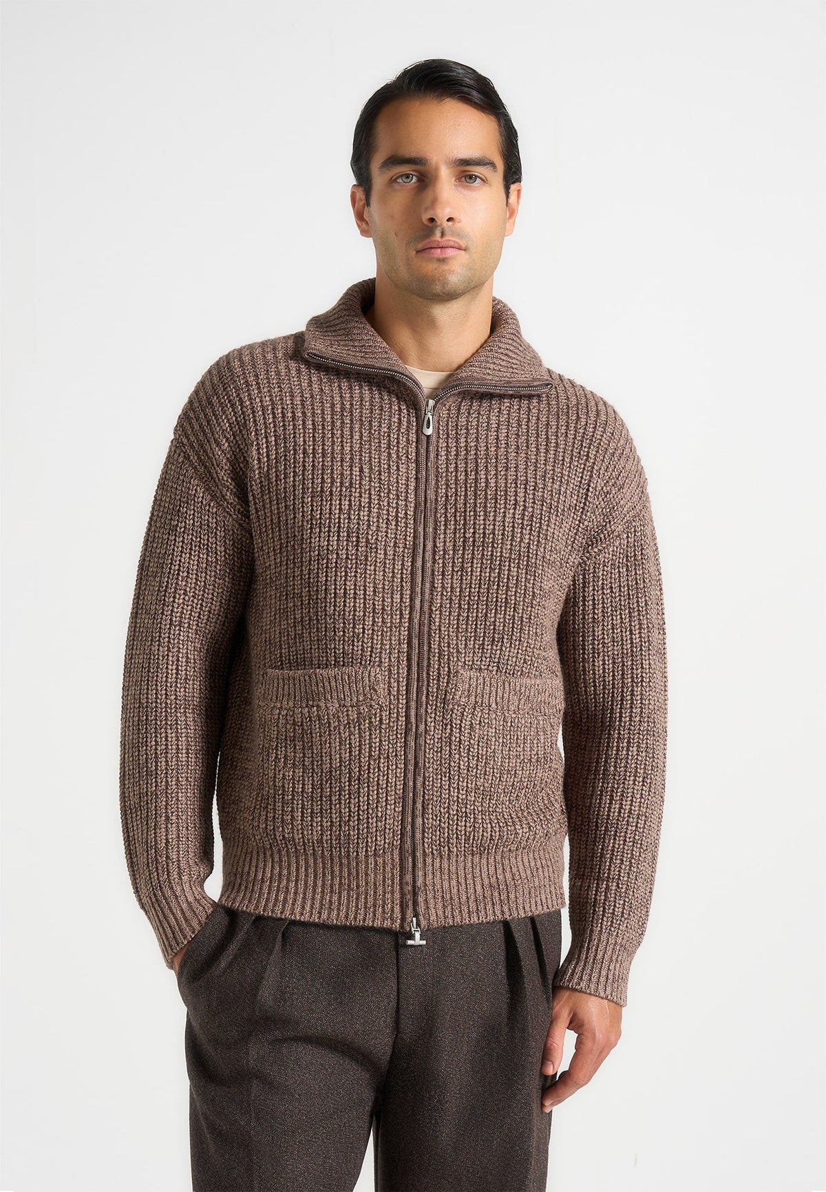 Jamie - Unisex Speckled Wool-Blend Zip Through Jacket - Taupe