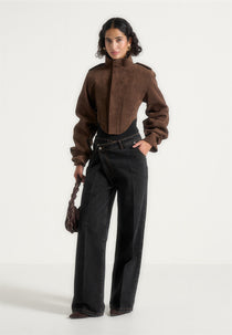 Solange - Suede Tacked Sleeve Corset Jacket - Brown