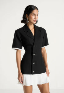 Baya - Tailored Cinch Waist Pleated Wool-Blend Blazer Dress - Black