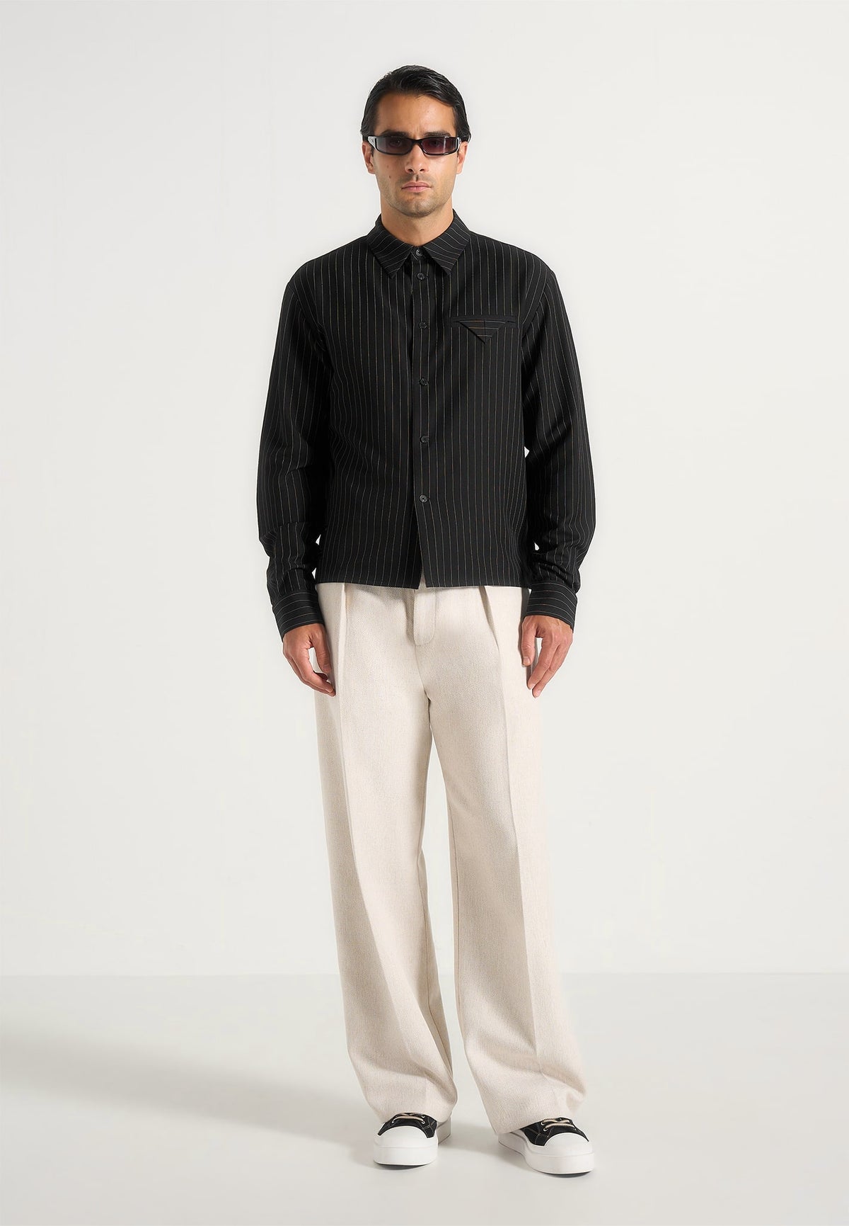Arlo - Pinstripe Cropped Long Sleeve Shirt - Black