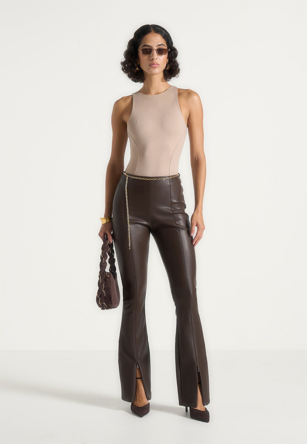 Ninon - Leather Fit And Flare Pants With Chain - Brown
