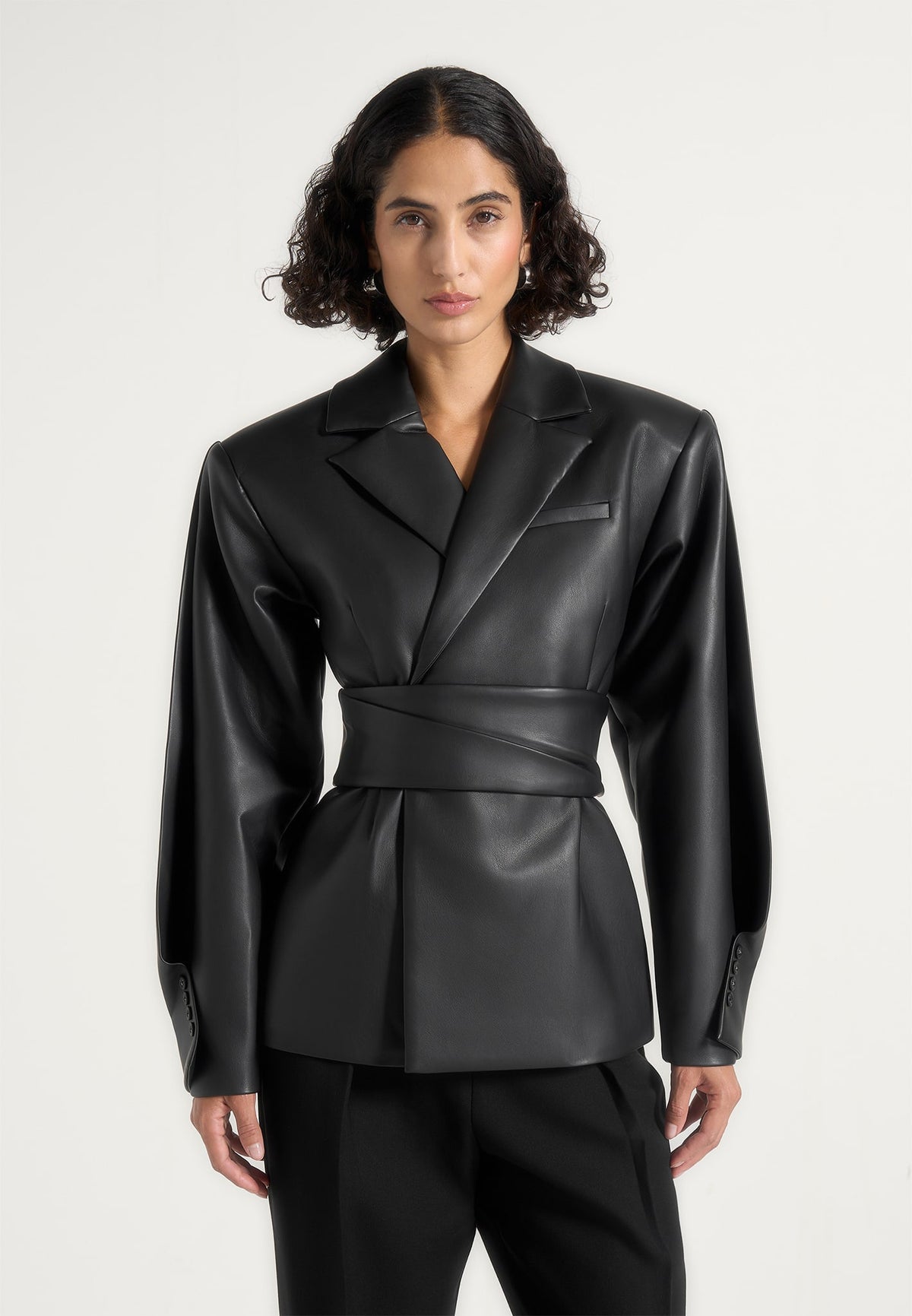marie-twist-sleeve-leather-blazer-with-belt-black