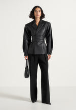 marie-twist-sleeve-leather-blazer-with-belt-black