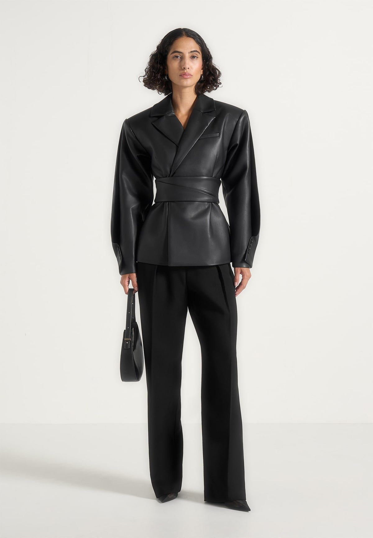 marie-twist-sleeve-leather-blazer-with-belt-black