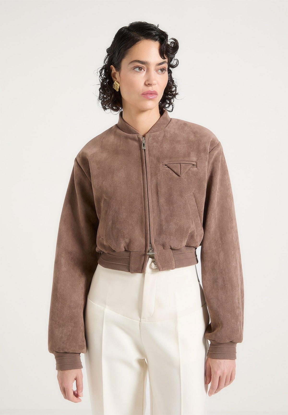 Monique - Suede Wide Shoulder Bomber Jacket - Taupe