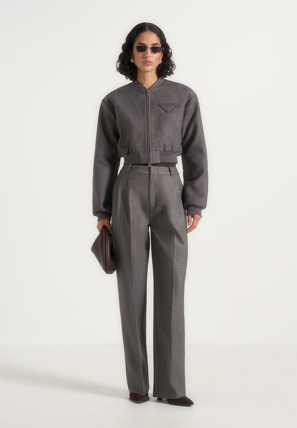 Monique - Tailored Wide Shoulder Bomber Jacket - Grey Speckle
