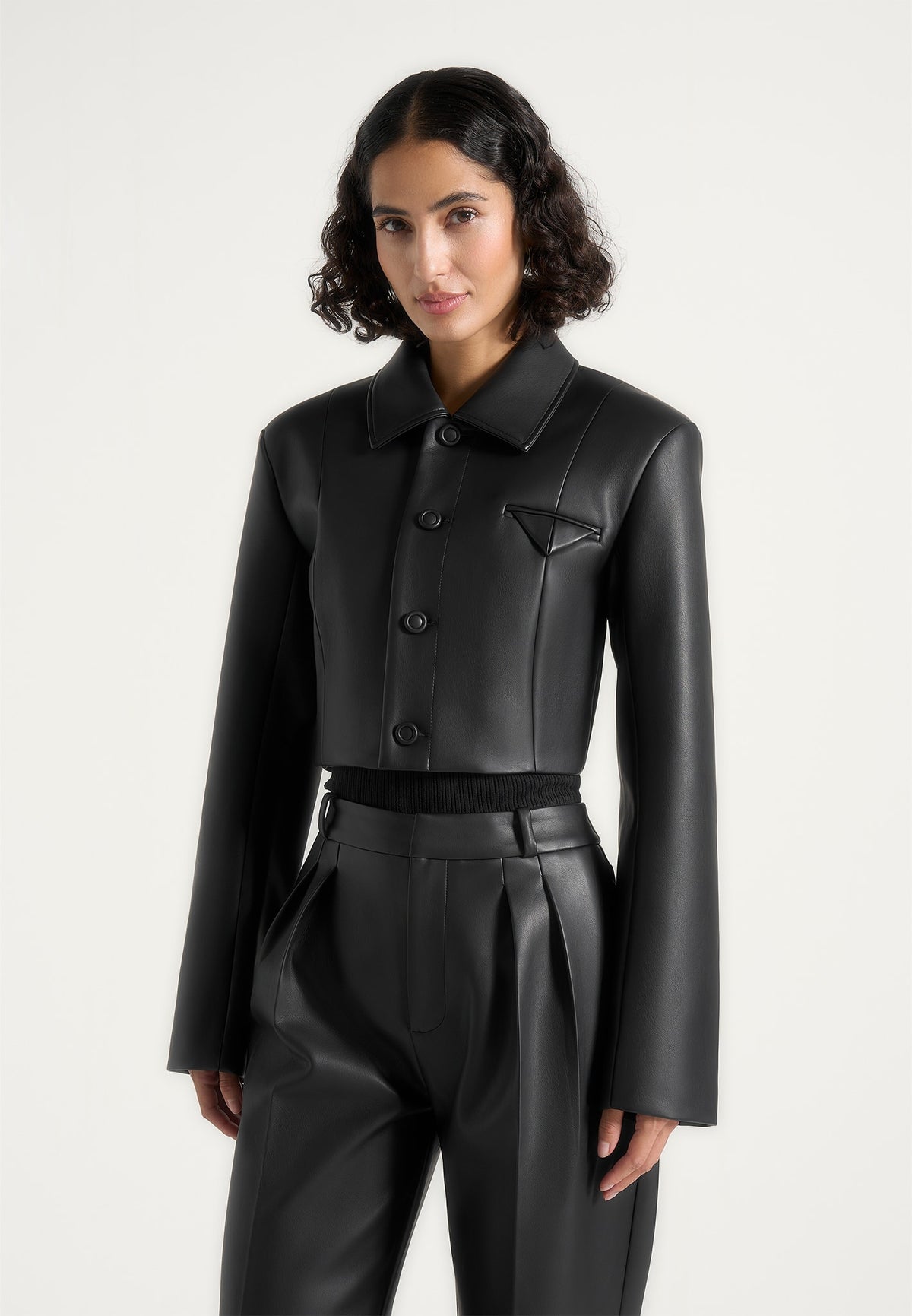 Odile - Wide Shoulder Leather Jacket - Black