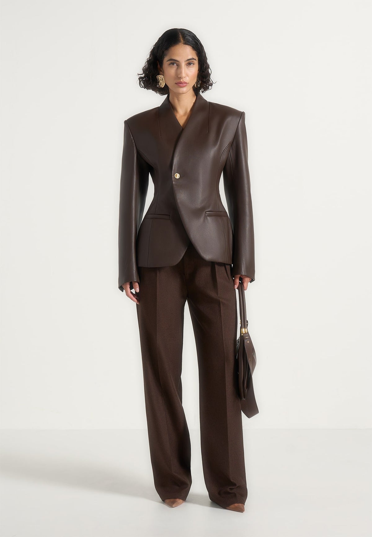 Ina - Leather Cinched Waist Kimono Blazer - Brown