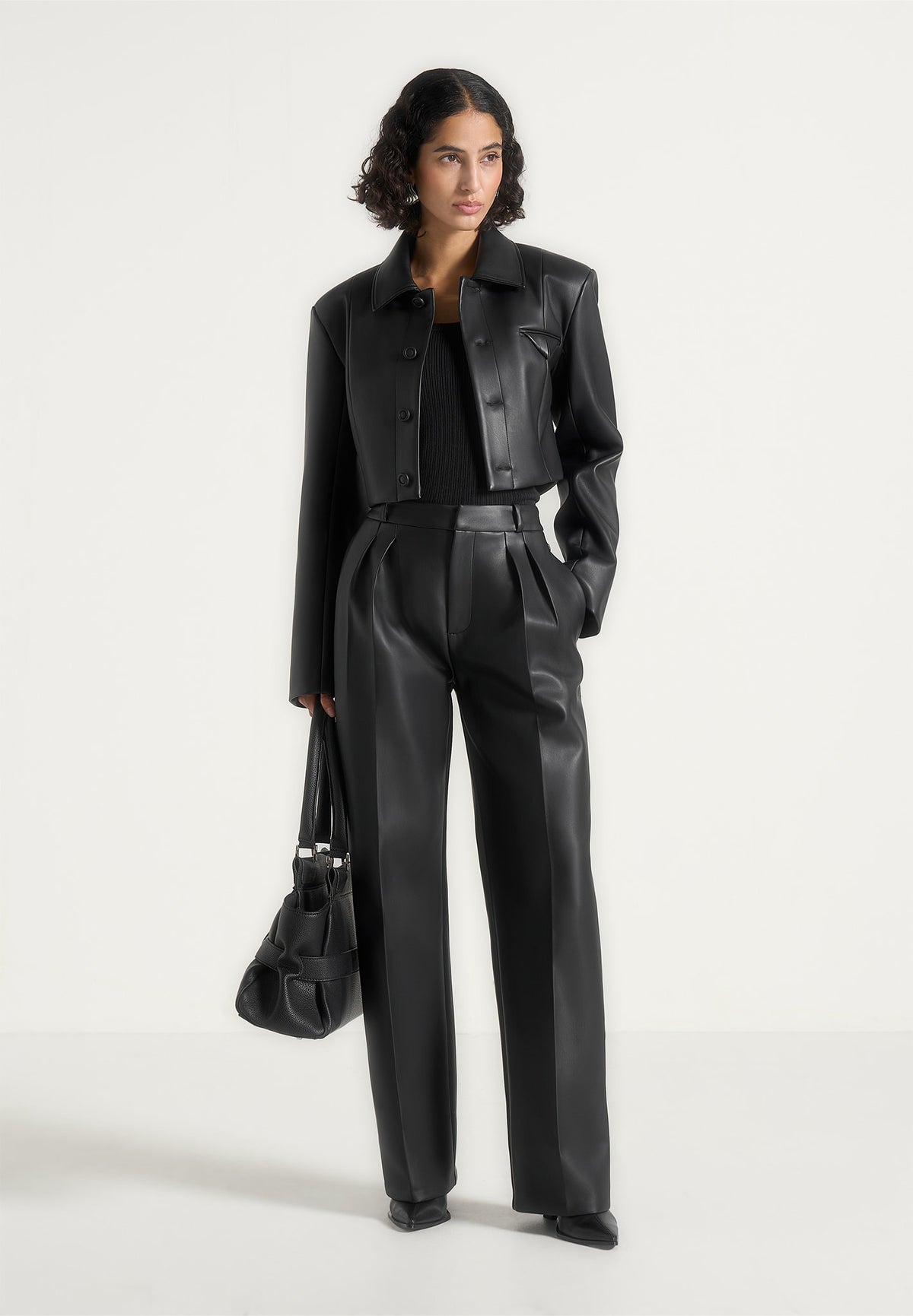 Odile - Wide Shoulder Leather Jacket - Black