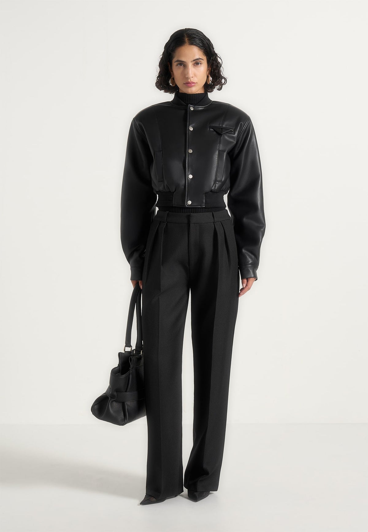 Zina - Leather Wide Shoulder Bomber Jacket - Black