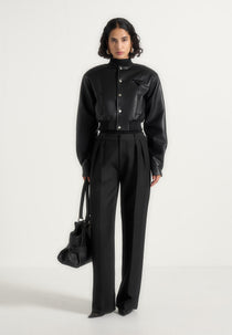 Zina - Leather Wide Shoulder Bomber Jacket - Black