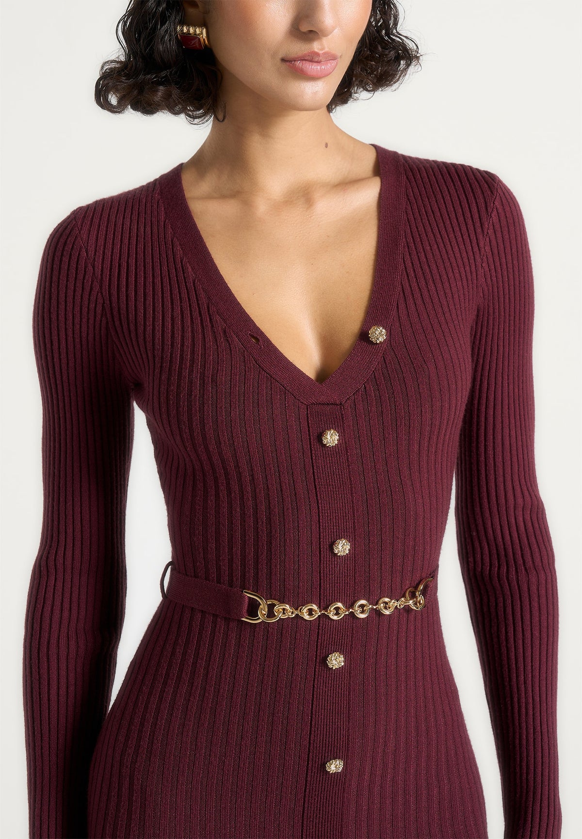 Assia - Long Sleeve Knitted Maxi Dress With Belt - Wine Red