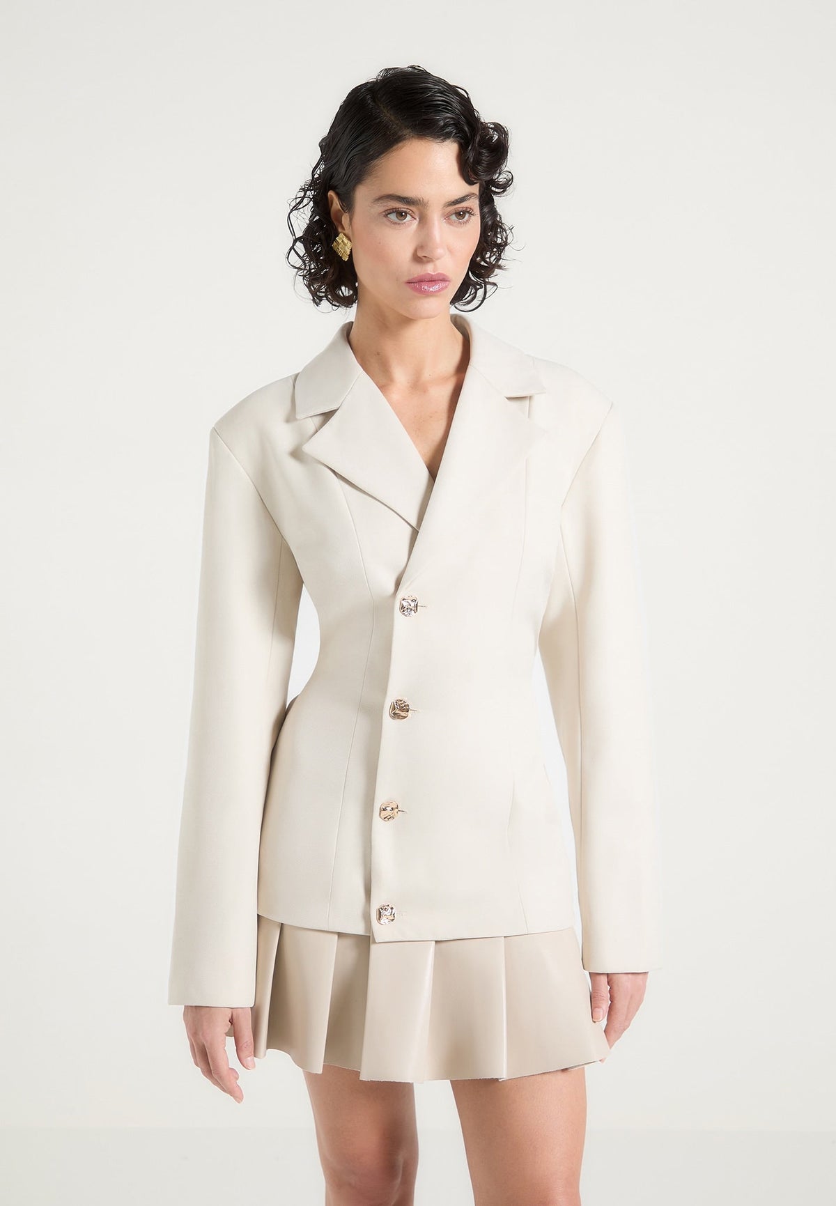 Nicole - Tailored Cinch Blazer Dress with Pleats - Cream/Beige