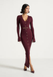 Assia - Long Sleeve Knitted Maxi Dress With Belt - Wine Red