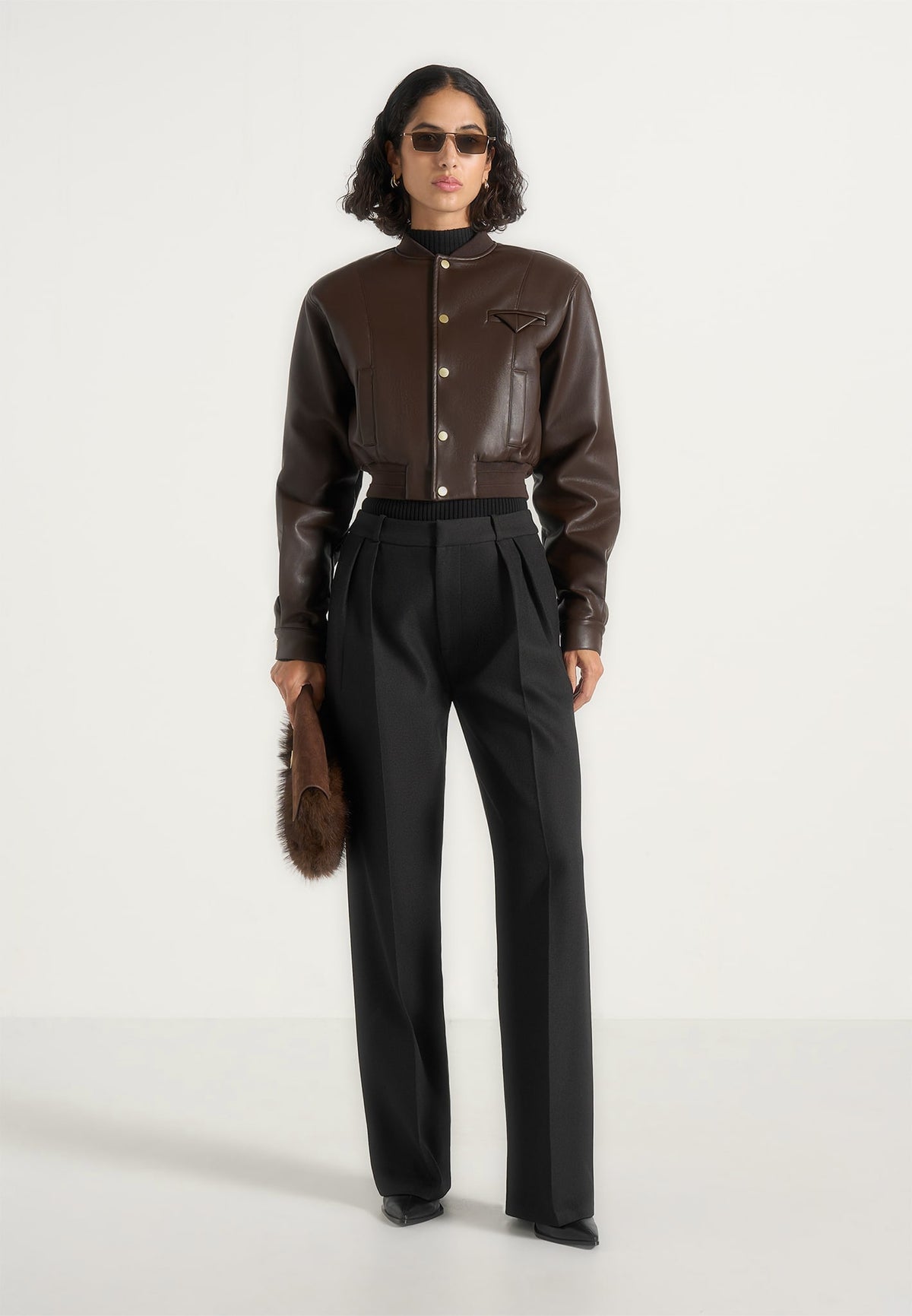 Zina - Leather Wide Shoulder Bomber Jacket - Brown