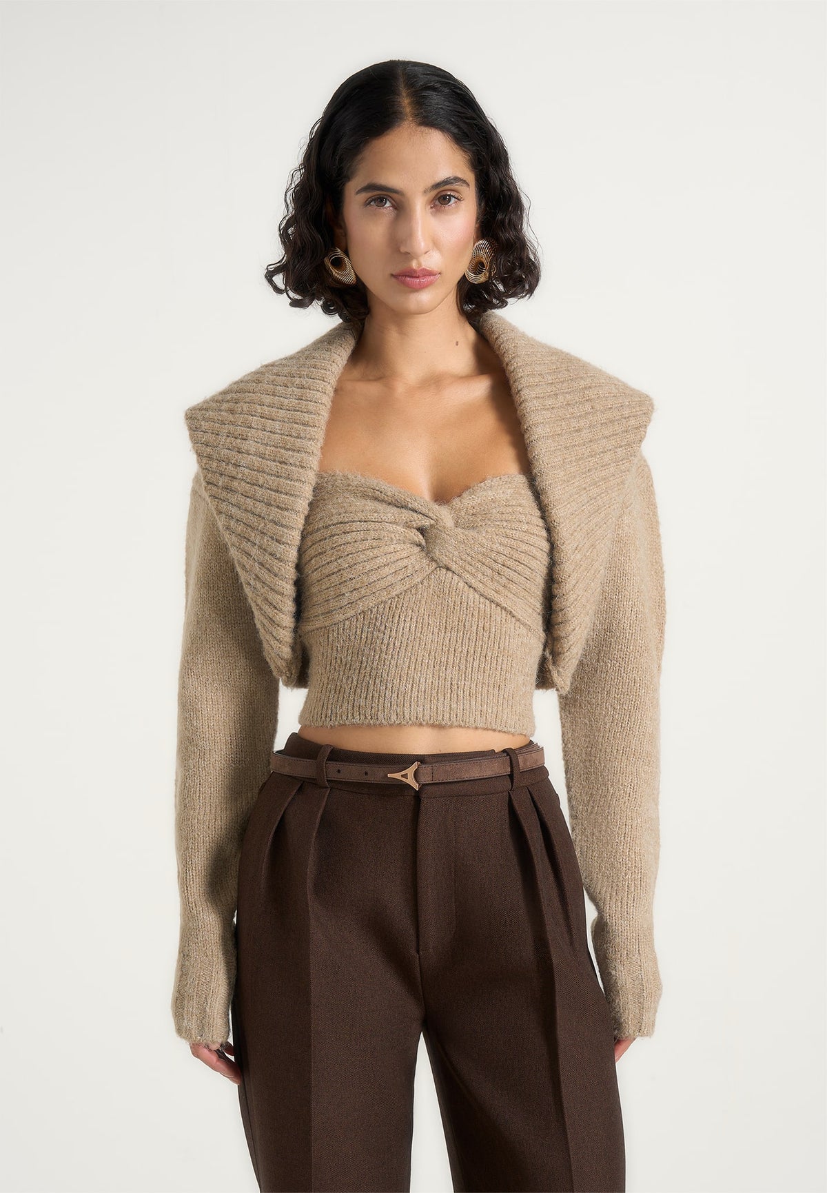 Emya - 2-in-1 Wool-Blend Knit Shrug With Twisted Tube Top - Taupe