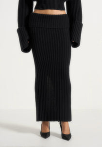 Lyra - Knit Maxi Skirt with Foldover - Black