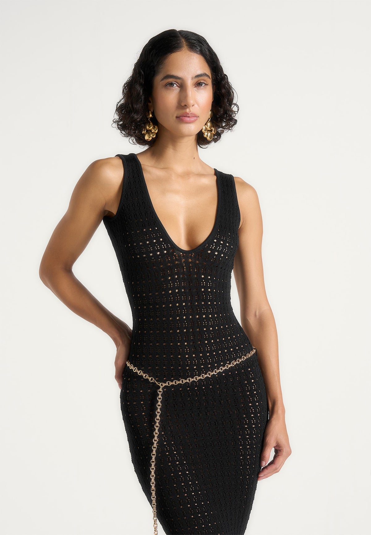 Myriam - Pointelle Plunge Maxi Dress With Chain - Black