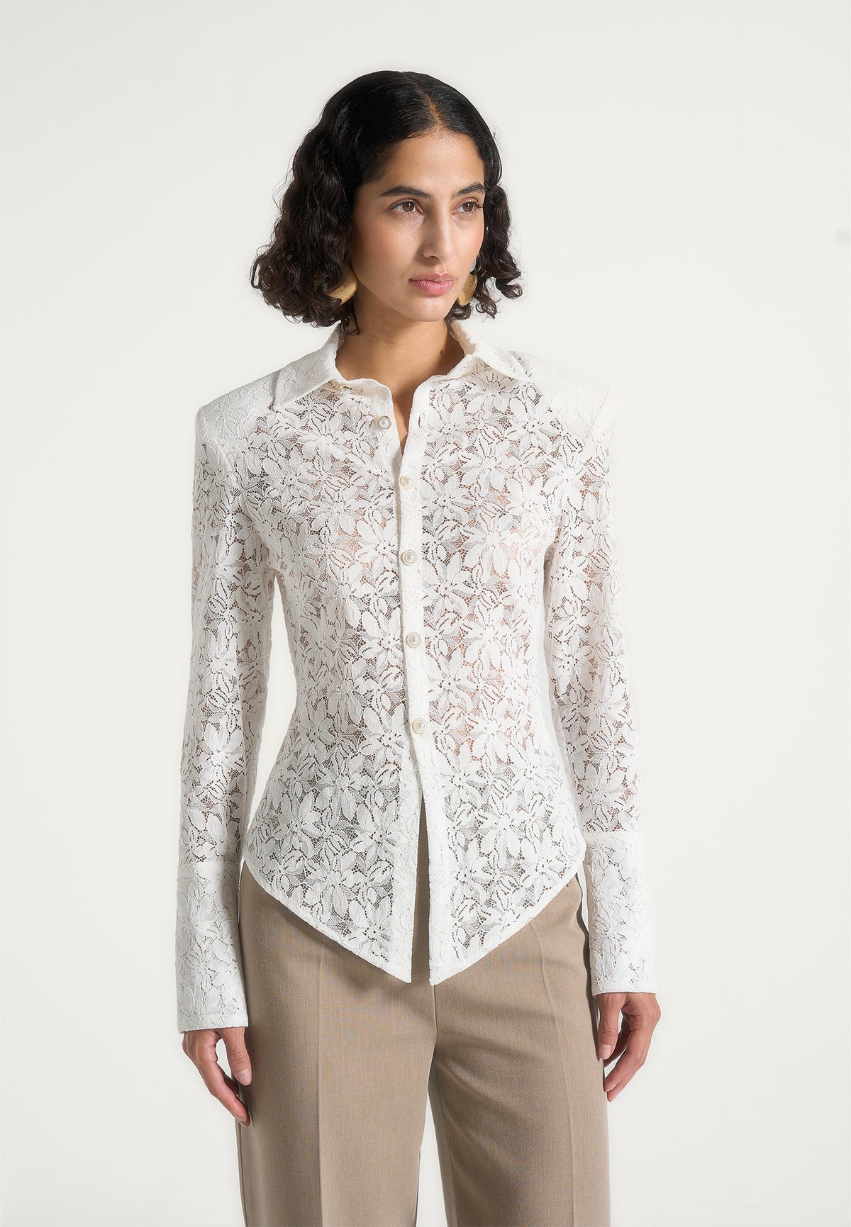 Sila - Wide Shoulder Lace Angled Shirt - White