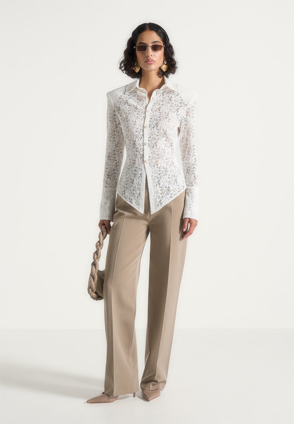 Sila - Wide Shoulder Lace Angled Shirt - White
