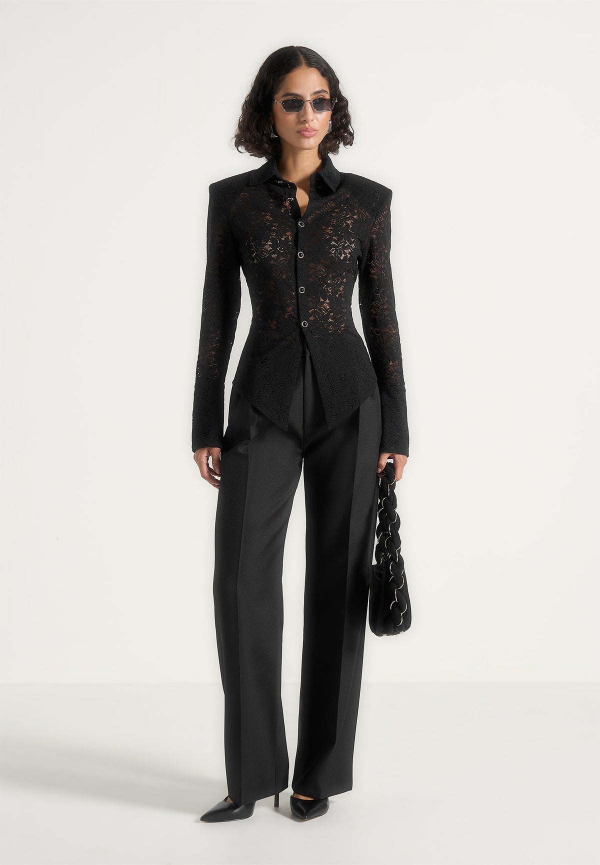 Sila - Wide Shoulder Lace Angled Shirt - Black