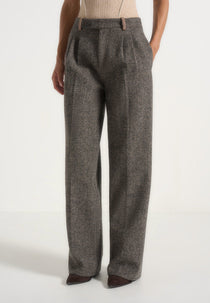 Julie - Herringbone Wool Twin Pleat Pants - Grey