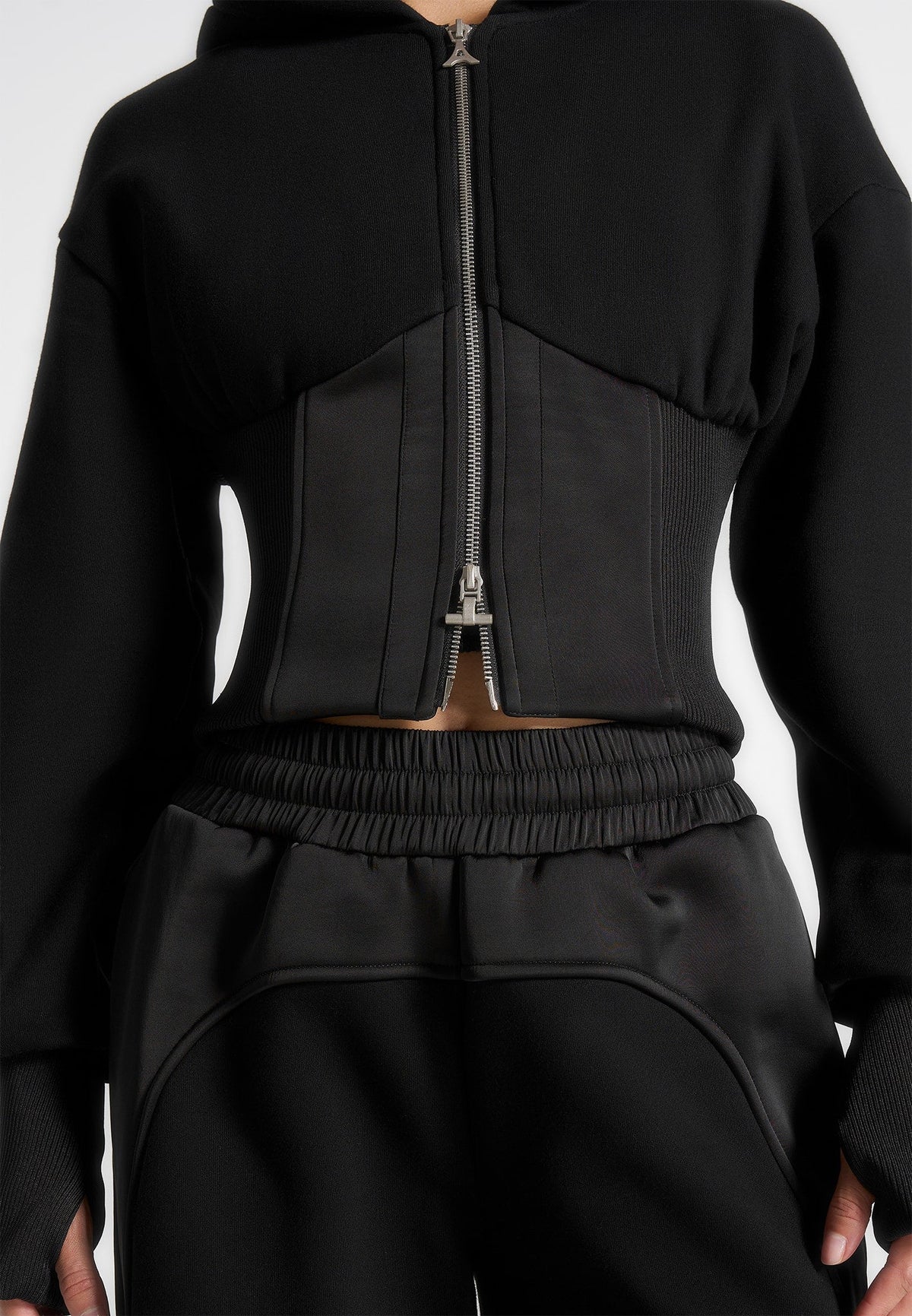 brune-corset-jersey-and-satin-zip-hoodie-black