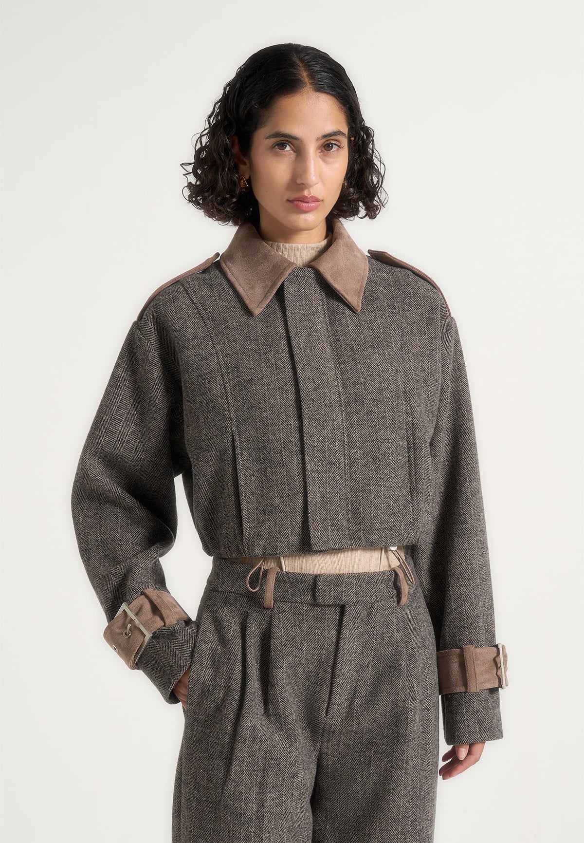 Galia - Herringbone Wool and Suede Bungee Hem Jacket - Grey