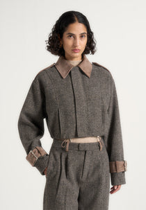Galia - Herringbone Wool and Suede Bungee Hem Jacket - Grey